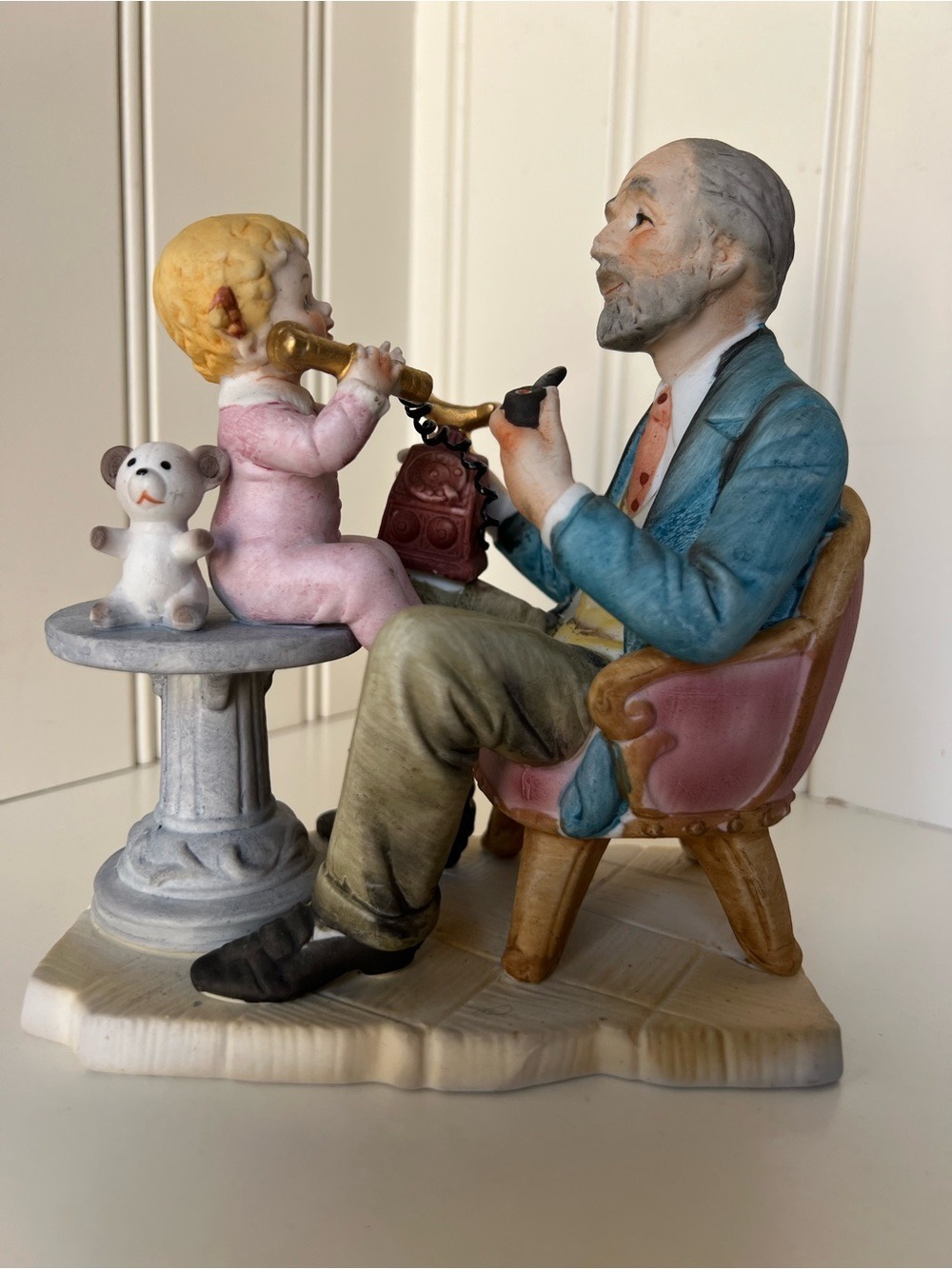 Vintage Lefton 7841 Porcelain Figurine, Grandfather and Child, Giftcraft Japan